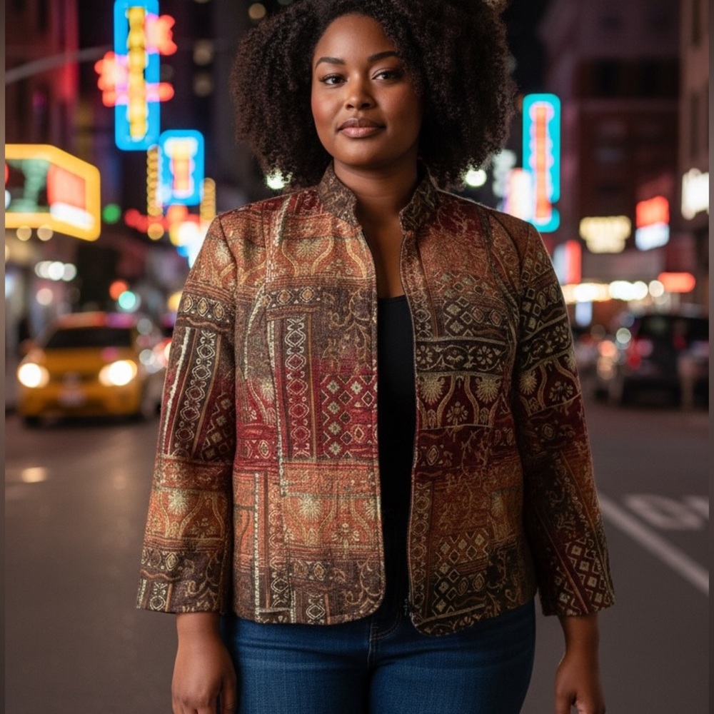 Molly & Maxx 2X Jacket Tapestry Zip Front Multicolor Fall Blazer Embroidered